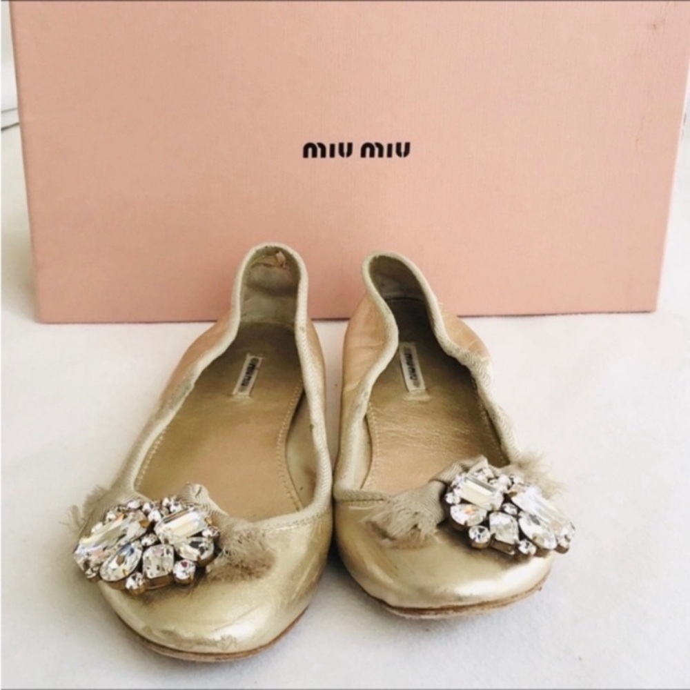 Miu Miu Sahara Gold Crystal Embellishments ballet flats Shoes SZ 5.5 - Picture 1 of 7